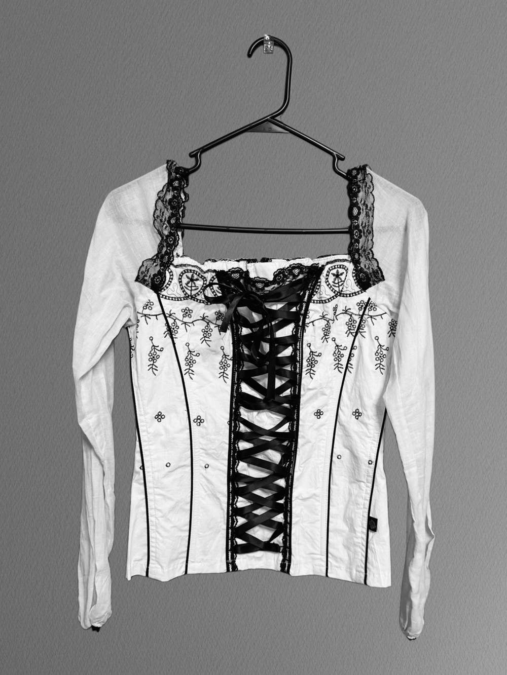 🥀 Whimsigoth Corset Top Y2K Lace Up Peasant Blouse Dirndl Style | Size Medium